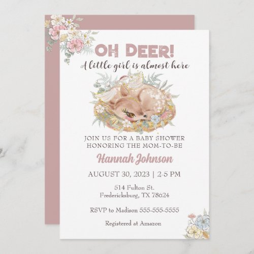 Deer Floral Fall Baby Girl Baby Shower  Invitation
