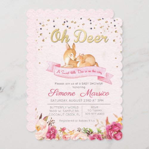 Deer Floral Watercolor Baby Shower Invitation