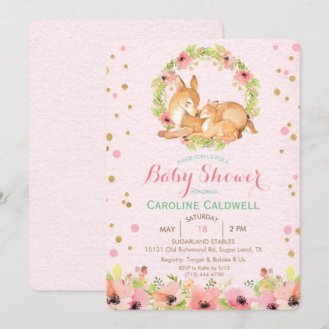Deer Floral Watercolor Baby Shower Invitation (Front/Back)