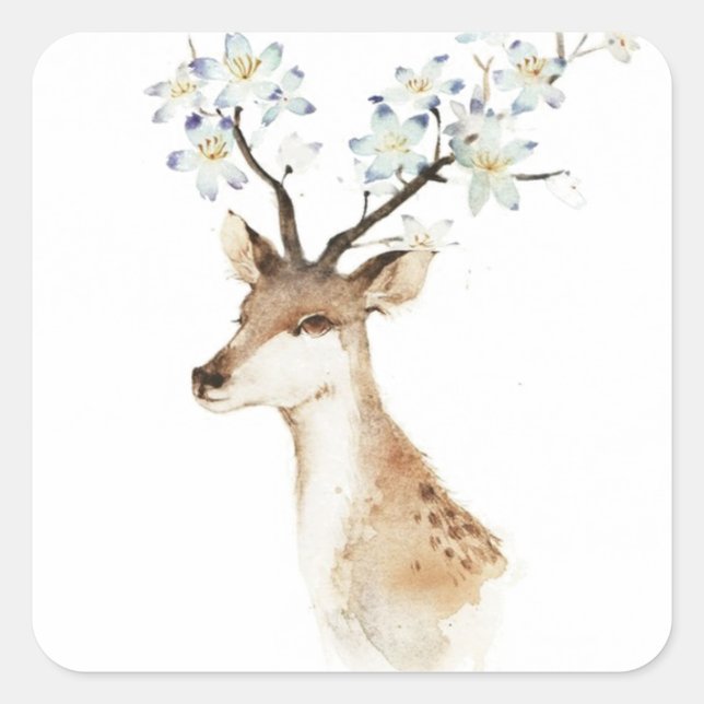Deer Flower Antlers Square Sticker (Front)