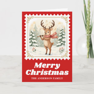 Deer Flute Retro Postage Stamp Christmas Music Holiday Card