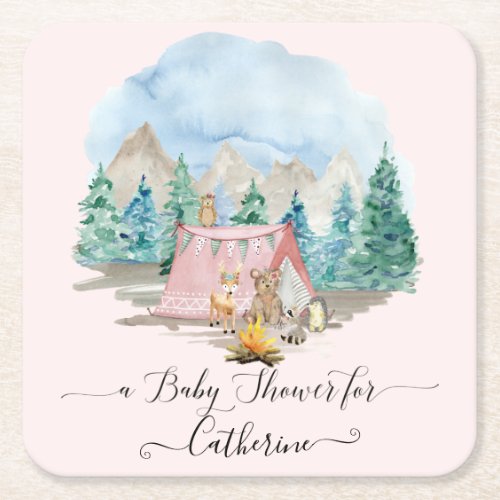 Deer Forest Animals Bear Rustic Pink Baby Shower Square Paper Coaster