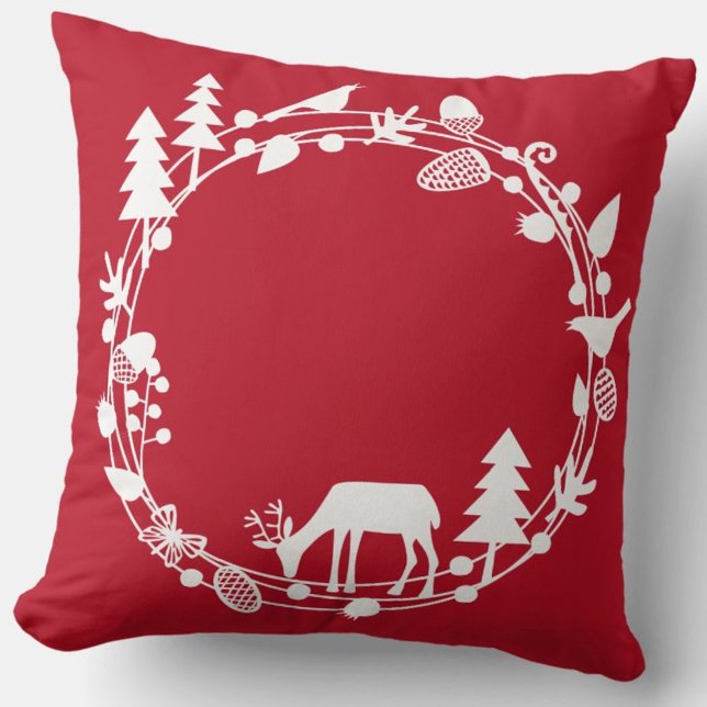 Deer Forest Circle Winter Holidays Throw Pillow (Red and white deer in woodland pillow)