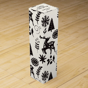 Deer Forest Folk Art Black and White Wine Box