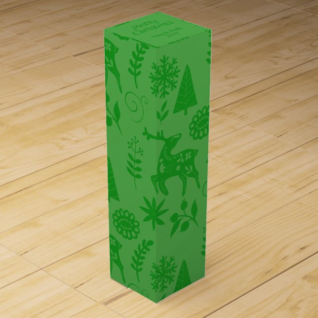 Deer Forest Folk Art Green Wine Gift Box (Front)