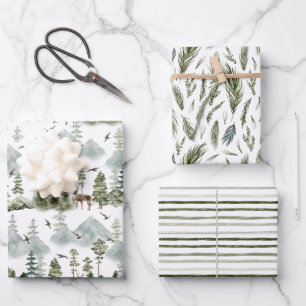 Deer Forest Green & Stripes Holiday Wrapping Paper Sheets