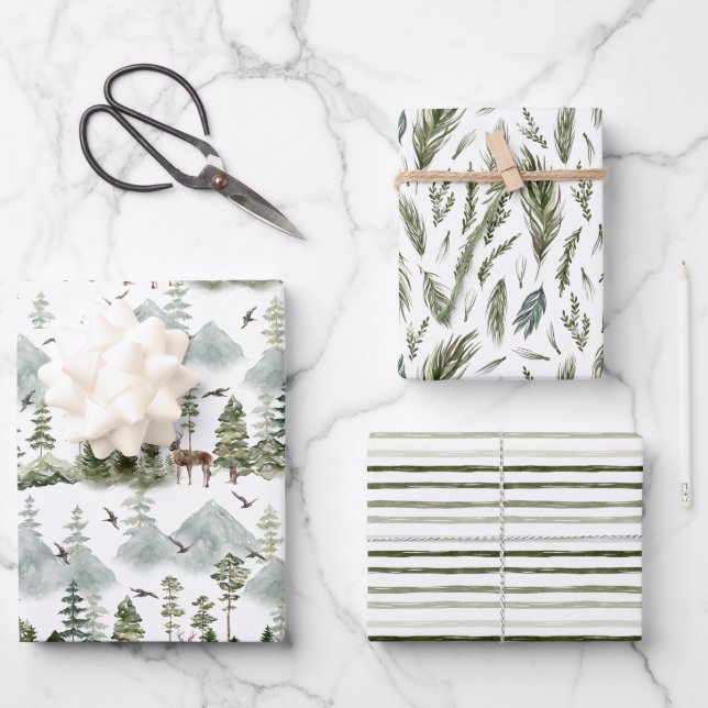 Deer Forest Green & Stripes Holiday Wrapping Paper Sheets (Front)