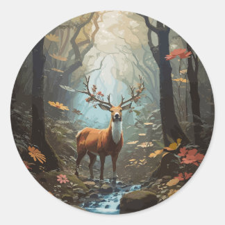 deer forest illustration classic round sticker
