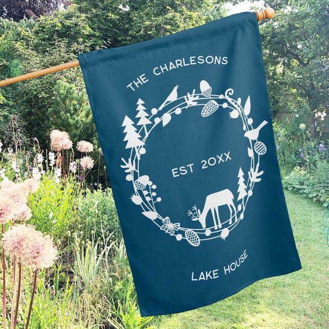 Deer Forest Personalized Family Lake House Flag (Woodland deer forest garland personalized family name established year lake house outdoor flag)