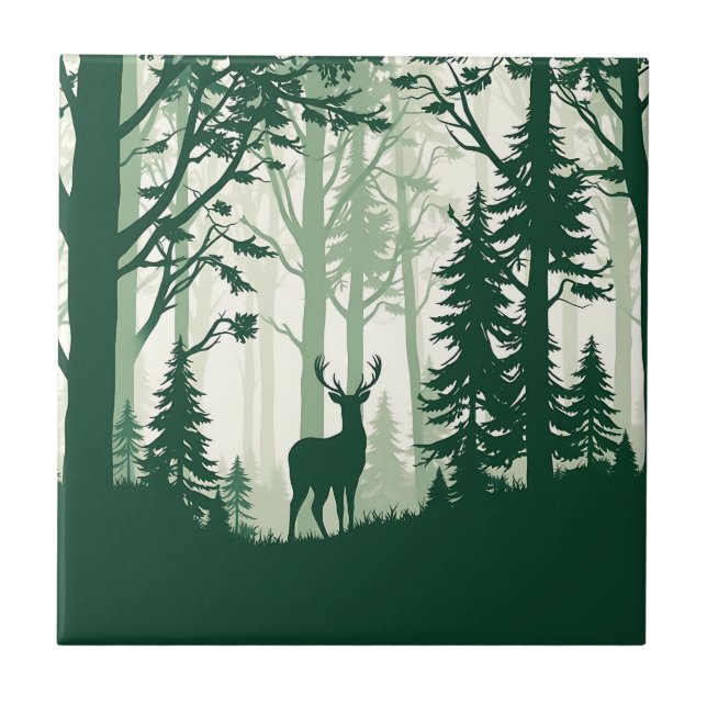 Deer Forest Silhouette Nature Scene Ceramic Tile (Front)