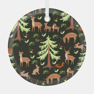 Deer Forest: Vintage Scenic Pattern. Glass Ornament