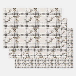 Deer Forest Winter Christmas Tartan Plaid 1 Wrapping Paper Sheets