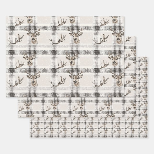 Deer Forest Winter Christmas Tartan Plaid 1 Wrapping Paper Sheets (Set)