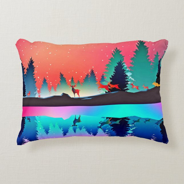 Deer forest woodland mountain aurora borealis  accent pillow (Front)