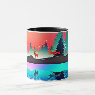Deer forest woodland mountain aurora borealis mug