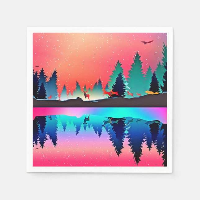 Deer forest woodland mountain aurora borealis  napkins (Front)