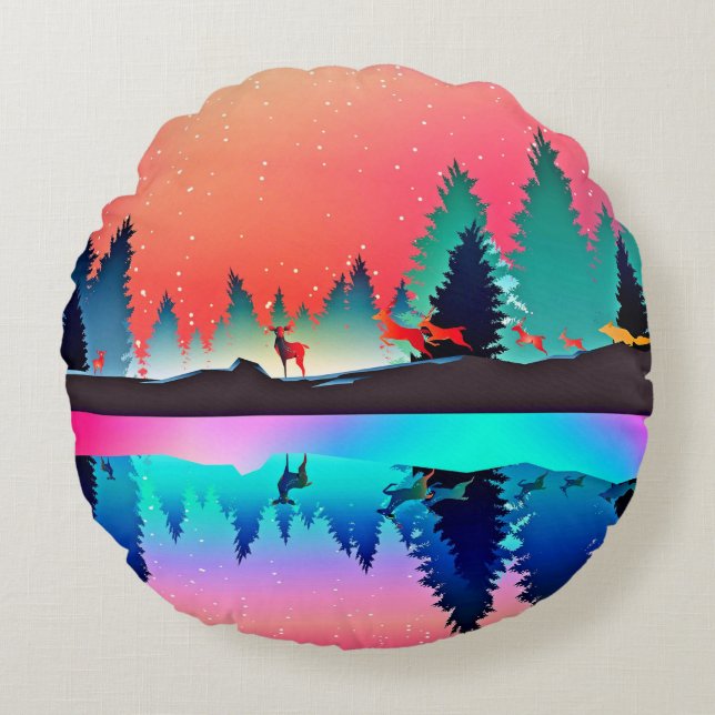 Deer forest woodland mountain aurora borealis round pillow (Front)