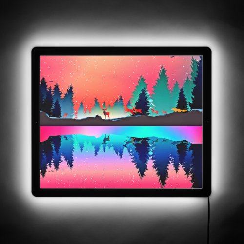 Deer forest woodland mountain aurora LED sign