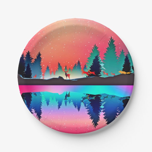 Deer forest woodland mountain aurora paper plates (Front)