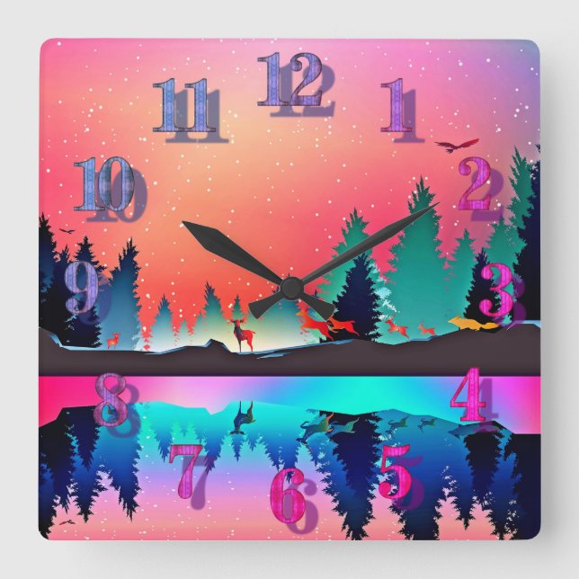 Deer forest woodland mountain aurora square wall clock (Front)