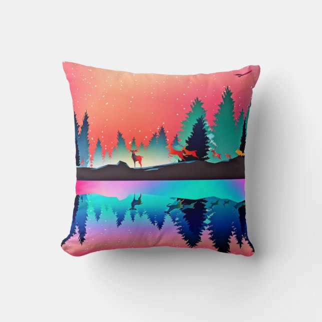 Deer forest woodland mountain aurora throw pillow (Front)