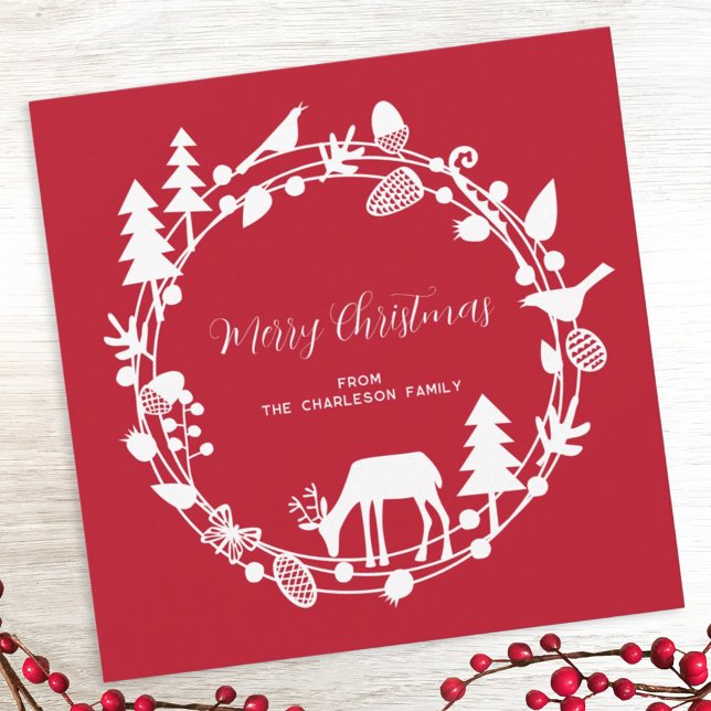 Deer Forest Wreath Christmas Holiday Card (Deer in the forest personalized Christmas or Holiday card)