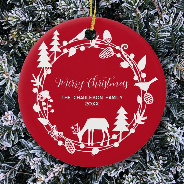 Deer Forest Wreath Personalized Ceramic Ornament (Personalized Christmas ornament with forest wreath border in red and white)