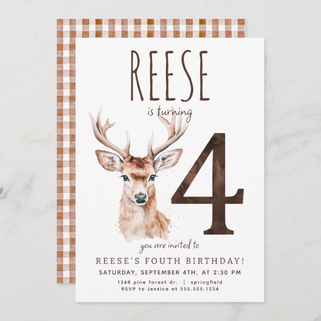 Deer fourth Birthday Invitation (Front/Back)