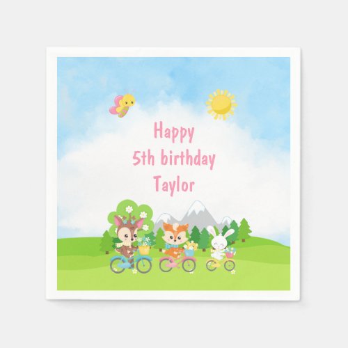 Deer Fox and Rabbit on Bicycles Birthday Napkins