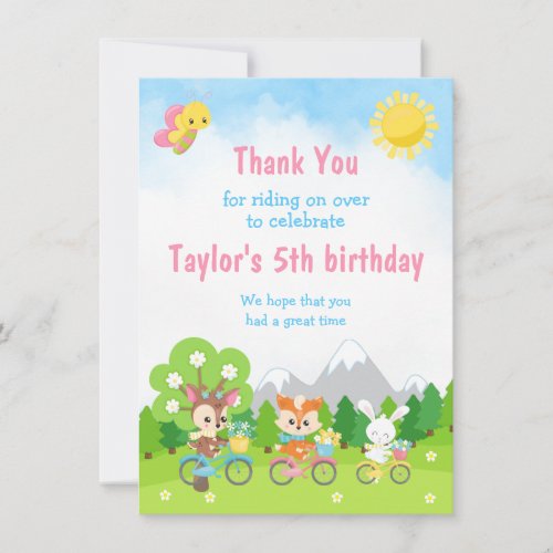 Deer Fox and Rabbit on Bicycles Thank You Card