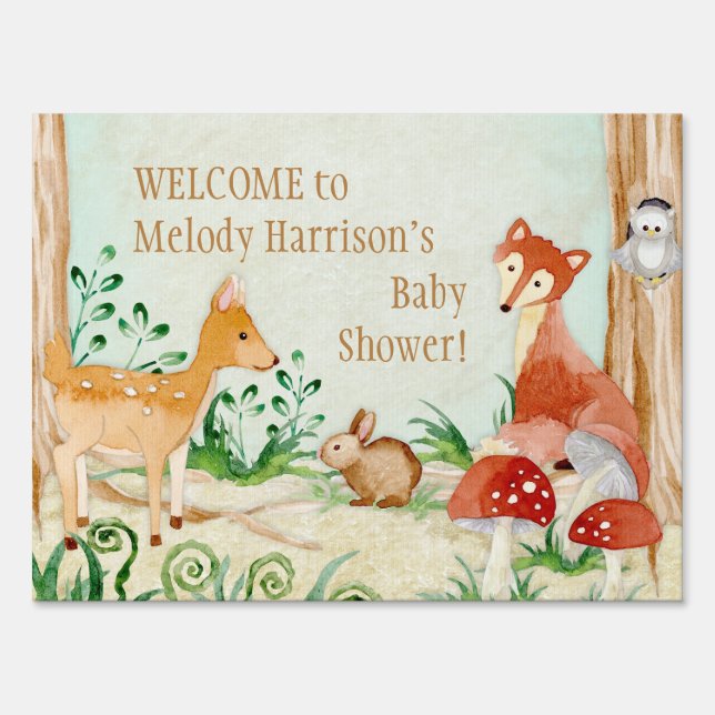 Deer Fox Woodland Animals Rabbit Owl Baby Shower Sign (Front)