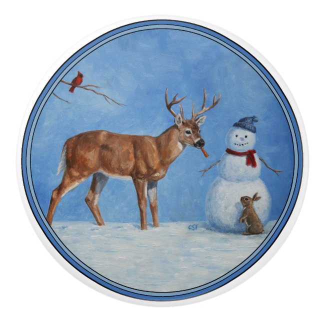 Deer & Funny Snowman Christmas Ceramic Knob (Front)