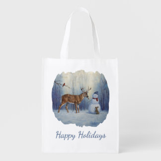Deer & Funny Snowman Christmas Grocery Bag
