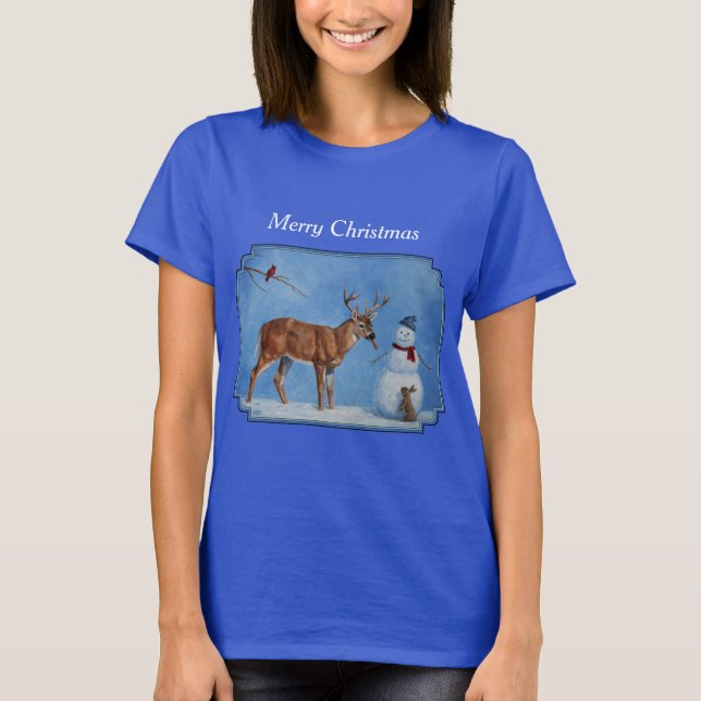 Deer & Funny Snowman Christmas T-Shirt (Front)