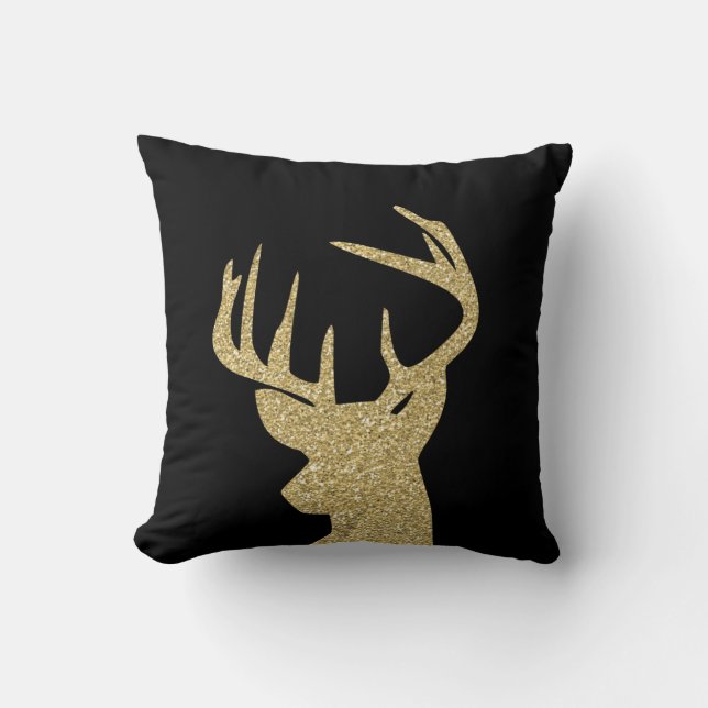 Deer Gold Glitter and Black Throw Pillow 16x16 (Front)