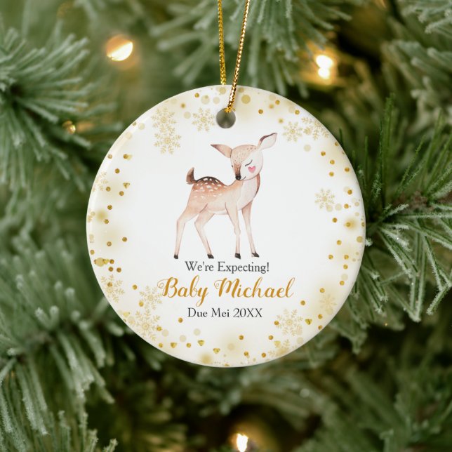 Deer Gold Glitter Animal We're Expecting Parents Ceramic Ornament (Tree)