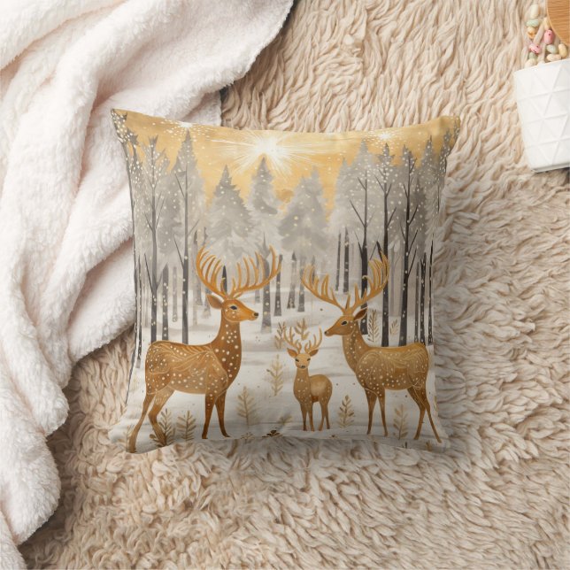 Deer Gold White Winter Snow Throw Pillow (Blanket)