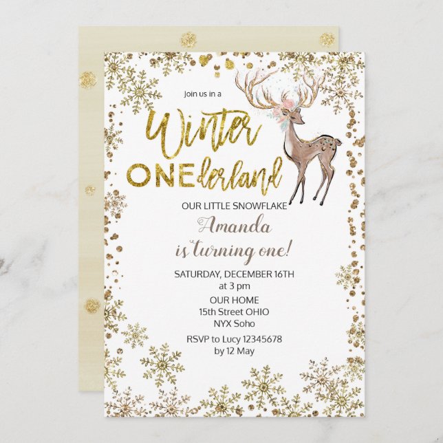 Deer Gold Winter whimsical Birthday Invitation (Front/Back)