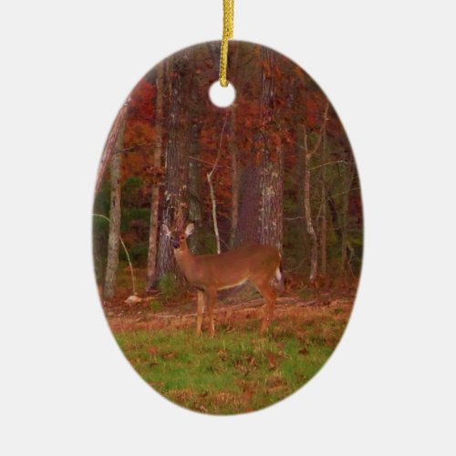 Deer  Green Grass red and Gold leaves Ceramic Ornament