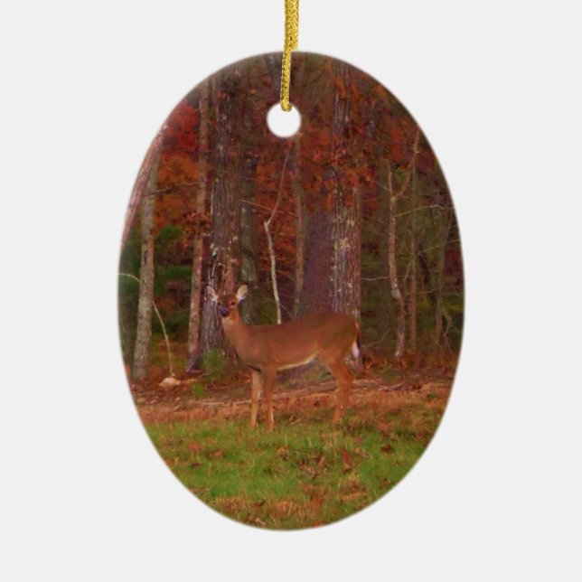 Deer , Green Grass red and Gold leaves Ceramic Ornament (Front)