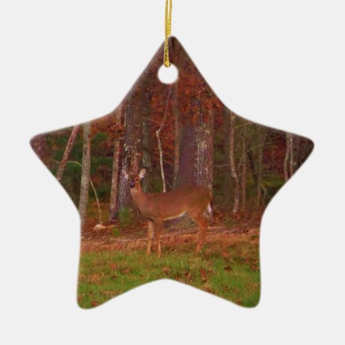 Deer  Green Grass red and Gold leaves Ceramic Ornament