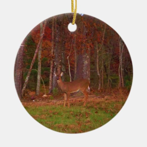Deer  Green Grass red and Gold leaves Ceramic Ornament