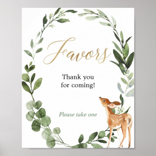 Deer greenery gold baby shower favors sign