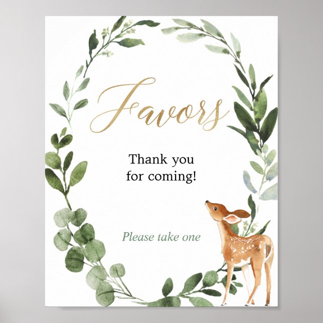 Deer greenery gold baby shower favors sign (Front)