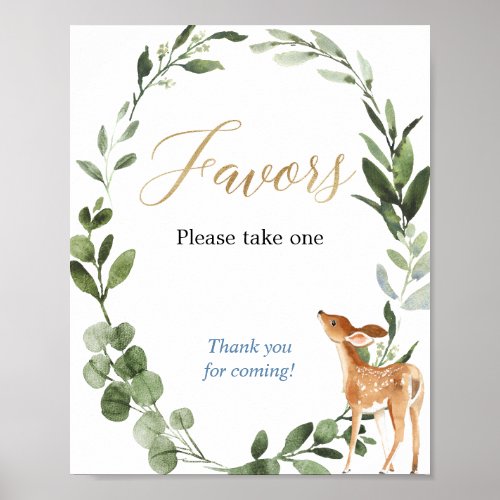 Deer greenery gold baby shower favors sign