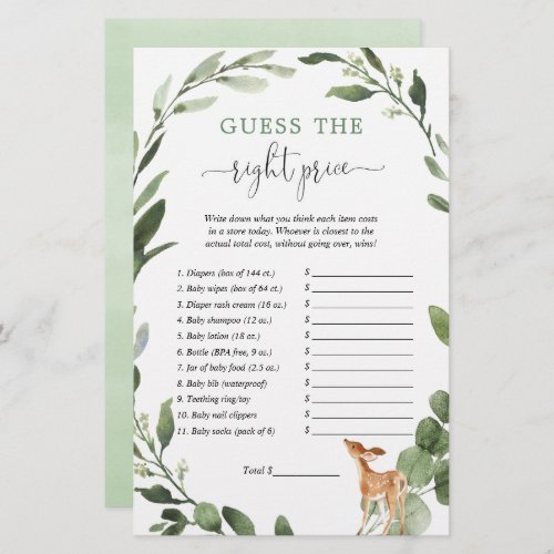 Deer Guess the right price baby shower game