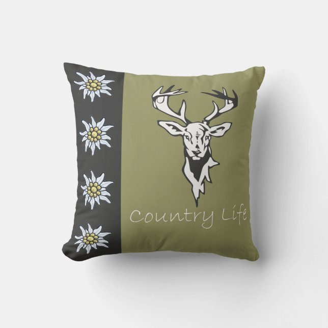 Deer Head Alpine Edelweiss Khaki  Pillow (Front)