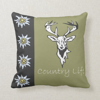 Deer Head Alpine Edelweiss Khaki Pillow