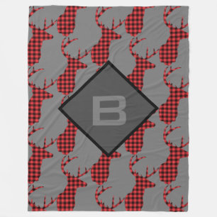 Deer Head Antlers Pattern Buffalo Plaid Monogram Fleece Blanket