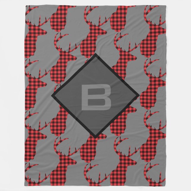 Deer Head Antlers Pattern Buffalo Plaid Monogram Fleece Blanket (Front)